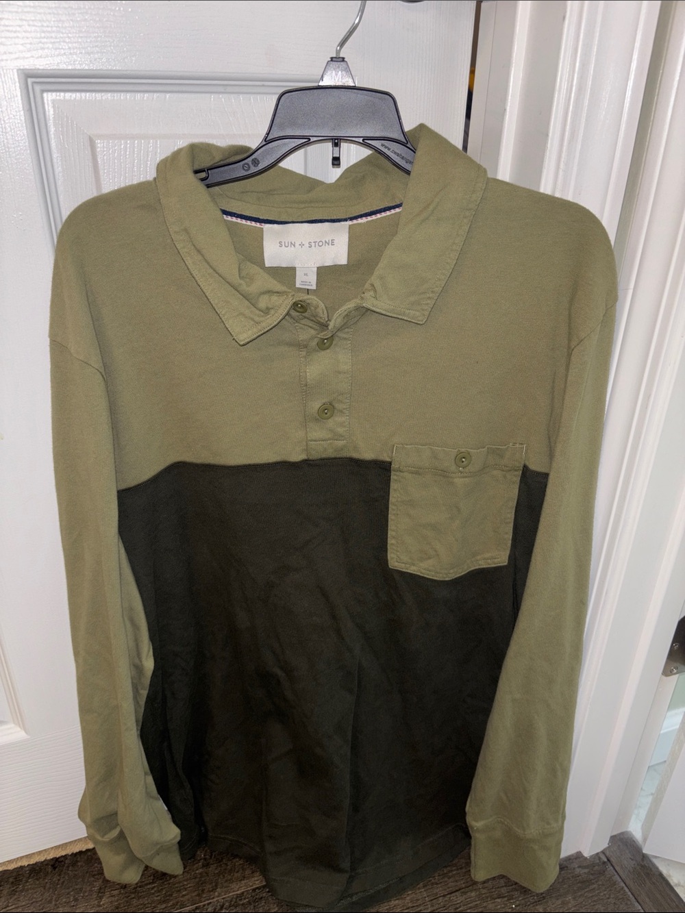 Sun + Stone Olive and Forest Green Colorblock Long-Sleeve Polo